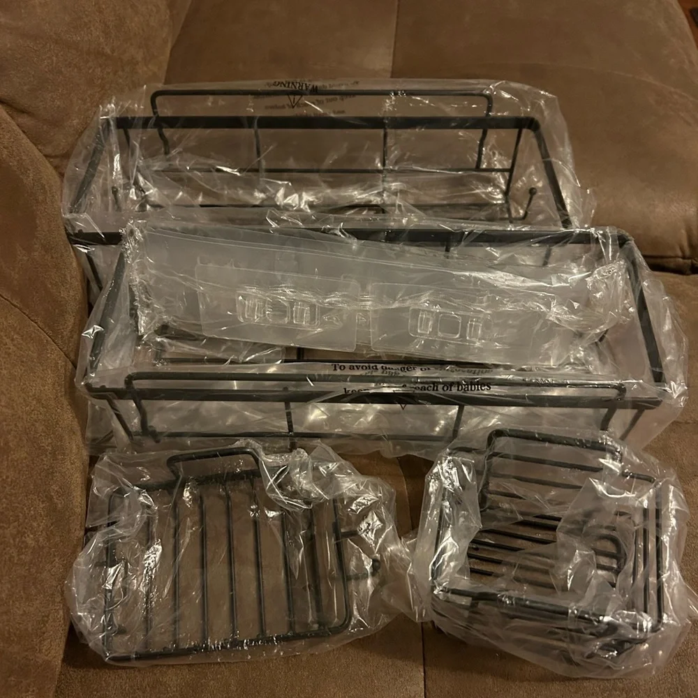Shower🚿Caddy Shelves OrganizerRack w Hooks🪝Bathroom🛁Self Adhesive Black 4Pack